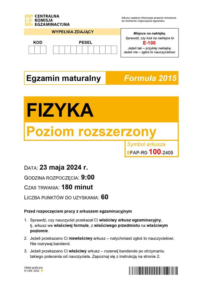 Matura 2024 fizyka rozszerzona - arkusze CKE formuła 2015  