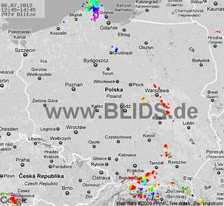 Burze w Polsce 6.07.2012 - MAPKA z godz. 12.45-14.45