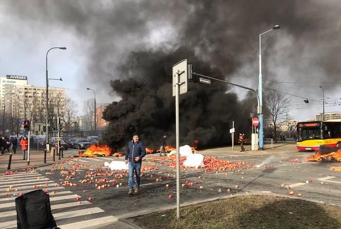 Protesty rolników w Warszawie. Palenie opon i świńskie łby na placu Zawiszy