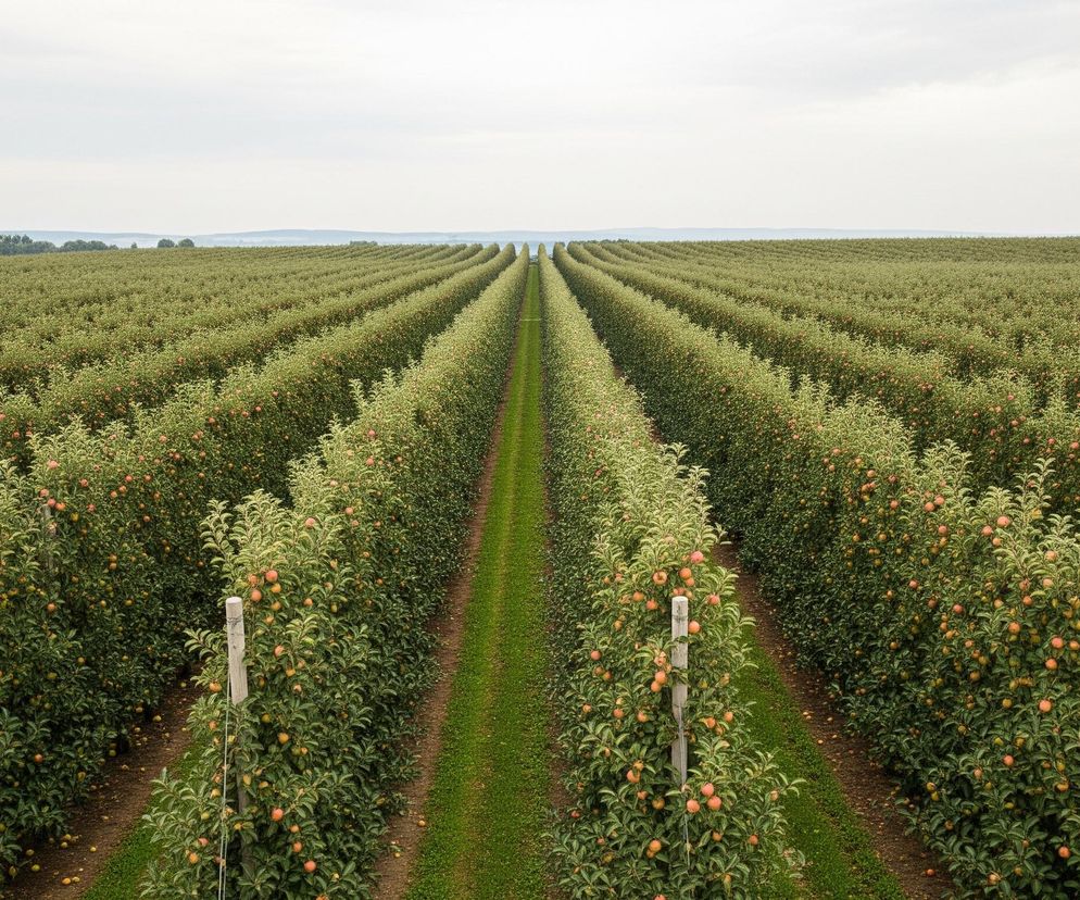 Rozległy sad jabłoniowy rozciąga się w nieskończoność pod pochmurnym, jasnym niebem. Rzędy drzewek jabłoni, gęsto obsypanych zielonymi liśćmi i licznymi, dojrzewającymi jabłkami w odcieniach czerwieni i pomarańczy, biegną równolegle, tworząc wyraźne linie perspektywy zbiegające się w oddali. Pomiędzy rzędami drzew widoczne są wąskie pasy zielonej trawy, a na pierwszym planie widać pojedyncze, solidne drewniane słupki wspierające rośliny.