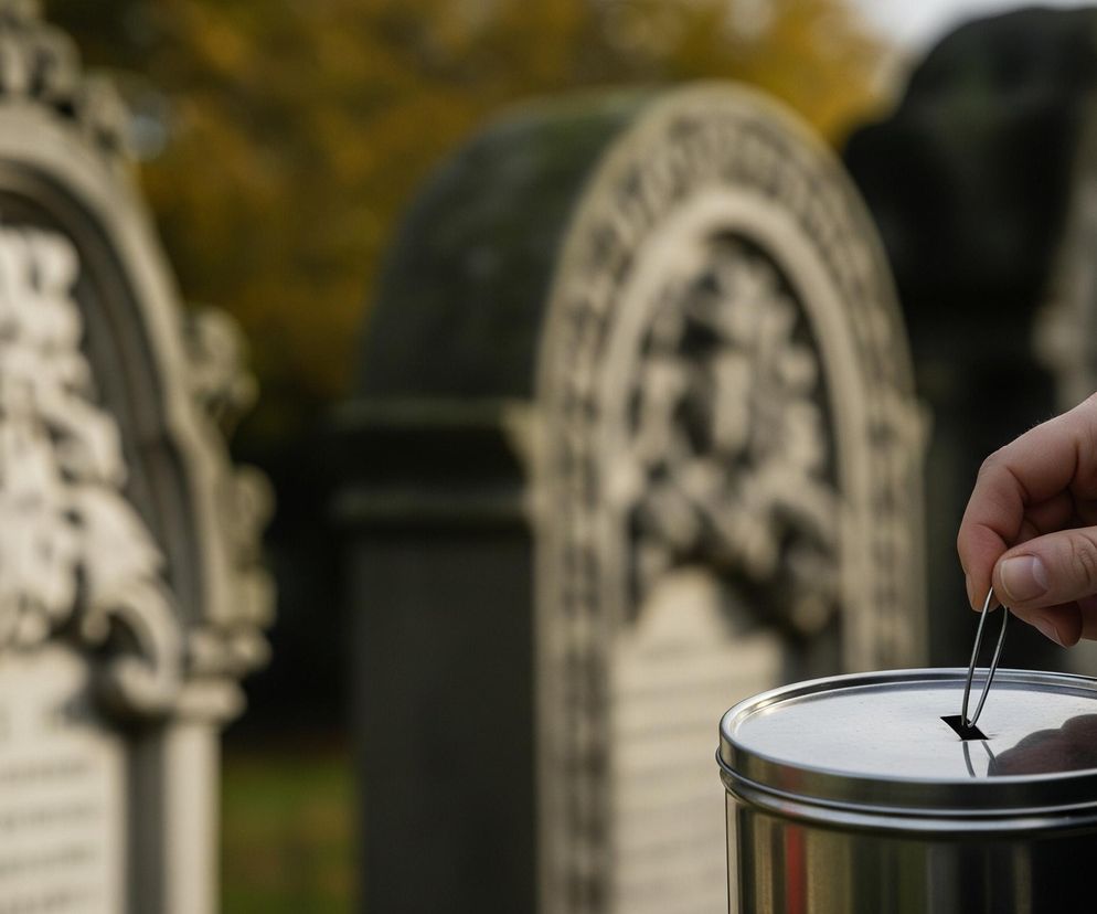 Prawa dłoń, z jasną skórą i krótkimi paznokciami, opuszcza srebrny, zakrzywiony przedmiot, przypominający klamrę lub fragment drutu, do wąskiego otworu w metalowej puszce. Puszka ma walcowaty kształt i błyszczącą, srebrzystą powierzchnię z widocznymi refleksami światła, jej górna część jest płaska. Tło jest rozmyte, widoczne są dwa kamienne nagrobki o zdobionych, zaokrąglonych szczytach, z których jeden jest bliżej lewej strony kadru, a drugi dalej w tle. Drzewa z żółto-pomarańczowymi liśćmi rozciągają się za nagrobkami, a niebo, częściowo widoczne, jest jasne.