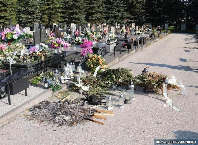 Świętokrzyskie. Libacja na cmentarzu. Spalone wieńce, uszkodzone nagrobki i znicze 