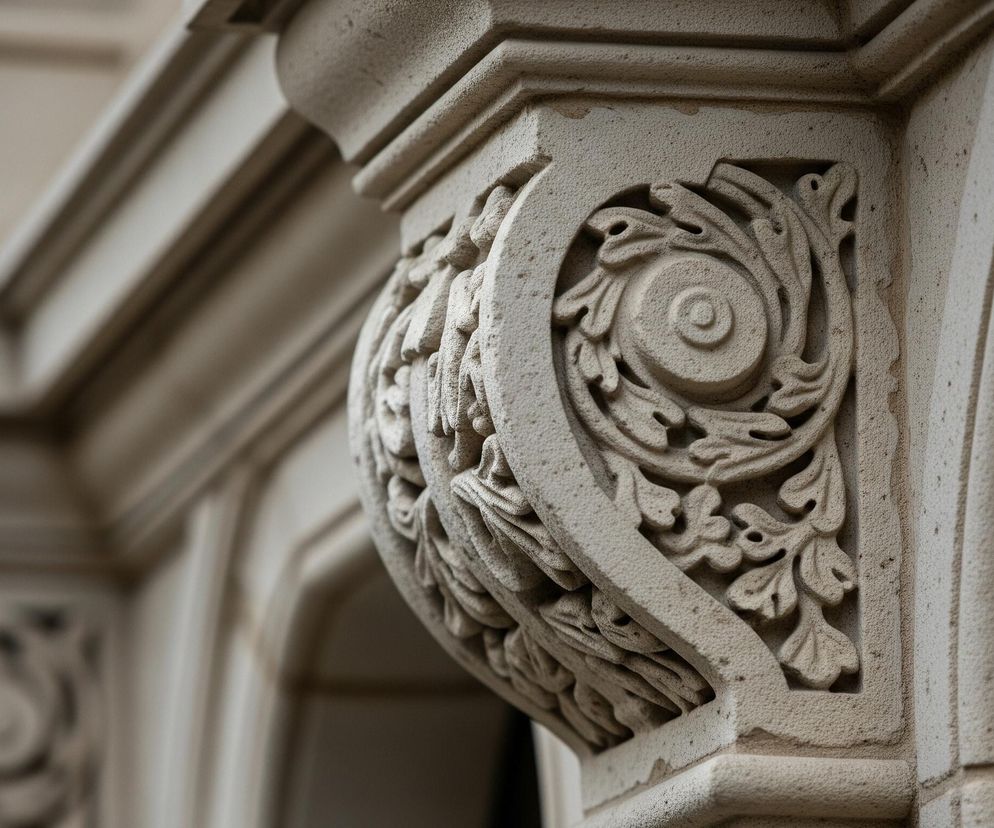 Centralny punkt obrazu stanowi rzeźbiony kamienny wspornik o beżowym zabarwieniu, wyróżniający się bogatymi zdobieniami roślinnymi w stylu reliefu. Zdobienia te obejmują stylizowane liście i pędy, spiralnie ułożone wokół centralnego, okrągłego motywu. Faktura kamienia jest lekko chropowata, z widocznymi drobnymi granulkami, a oświetlenie eksponuje cienie, dodając głębi rzeźbie. Wspornik jest integralną częścią większej, również kamiennej konstrukcji architektonicznej, której elementy widoczne w tle są rozmyte i biegną w głąb obrazu, sugerując fasadę budynku.