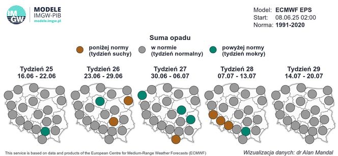 Suma opadów w konkretnych regionach w Polsce. Prognoza modelu ECMWF
