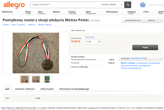 Pamiątkowy medal z okazji zdobycia Mistrza Polski
