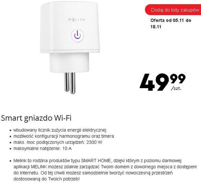 Gniazdo smart Wi-Fi MELINK - cena: 49,99 zł.