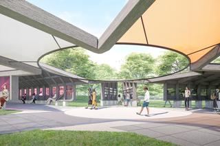 Serpentine Pavilion 2024 designed by Minsuk Cho, Mass Studies. Design render, view of void from the Gallery and Play Tower. 