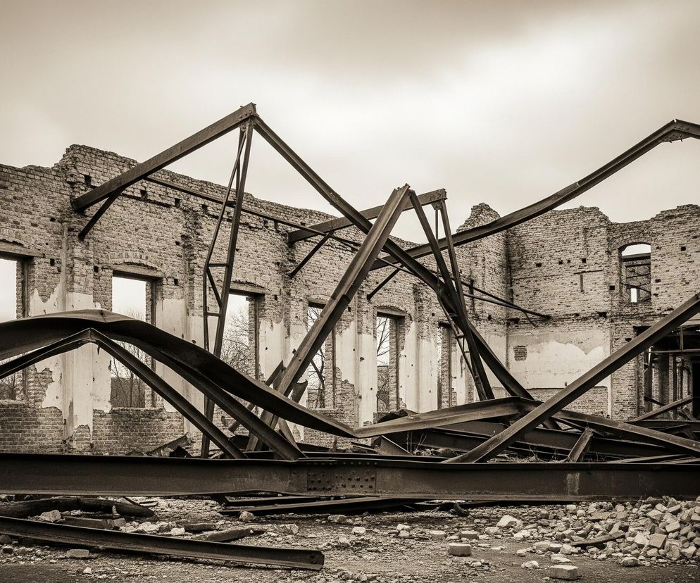 Centralnie, na pierwszym planie, leży chaotyczna plątanina zardzewiałych, ciemnych belek stalowych, poprzecinanych i częściowo pogiętych. Te metalowe konstrukcje spoczywają na gruzowisku cegieł i innych resztek budowlanych, rozrzuconych na popękanej, ziemistej powierzchni. W tle widoczne są fragmenty zniszczonego muru ceglanego, z wieloma otworami okiennymi bez szyb i framug, a także resztki tynku, które odpadły z powierzchni ścian. Całość utrzymana jest w sepiowych odcieniach, z jasnym, zachmurzonym niebem dominującym w górnej części obrazu.