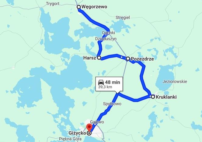 Węgorzewo - Giżycko przez Harsz, Pozezdrze, Kruklanki