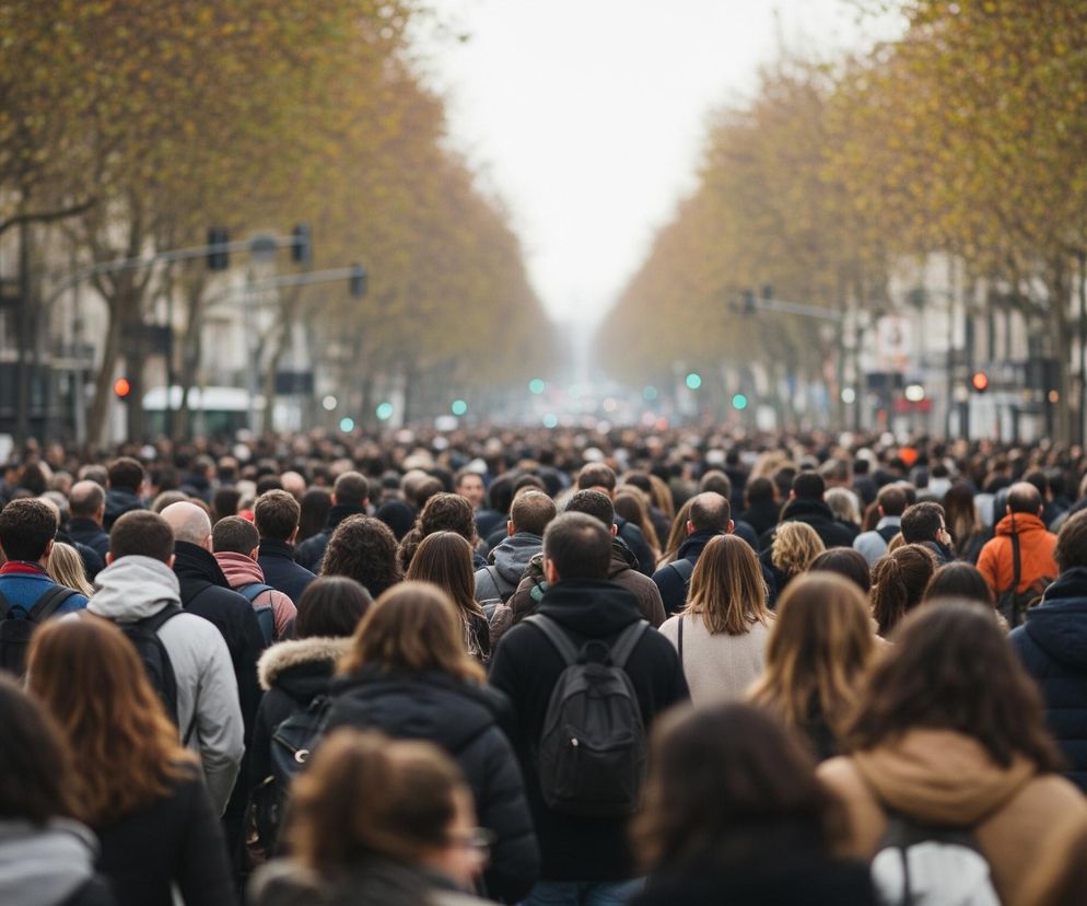 Tłum ludzi idzie ulicą w kierunku oddalającego się punktu zbiegu, na którym widnieje jasne, zamglone niebo. W pierwszym planie widać tyły głów i ramion wielu osób w różnym wieku, ubranych w kurtki i płaszcze w ciemnych kolorach, z widocznymi pojedynczymi akcentami czerwieni, pomarańczu i błękitu. Po obu stronach ulicy rosną drzewa o brązowo-żółtych liściach, tworząc aleję, a za nimi dostrzegalne są niewyraźne zarysy budynków. W oddali widać sygnalizację świetlną z czerwonymi i turkusowymi światłami.