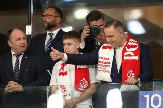 Karol Nawrocki na meczu Polska - Finlandia