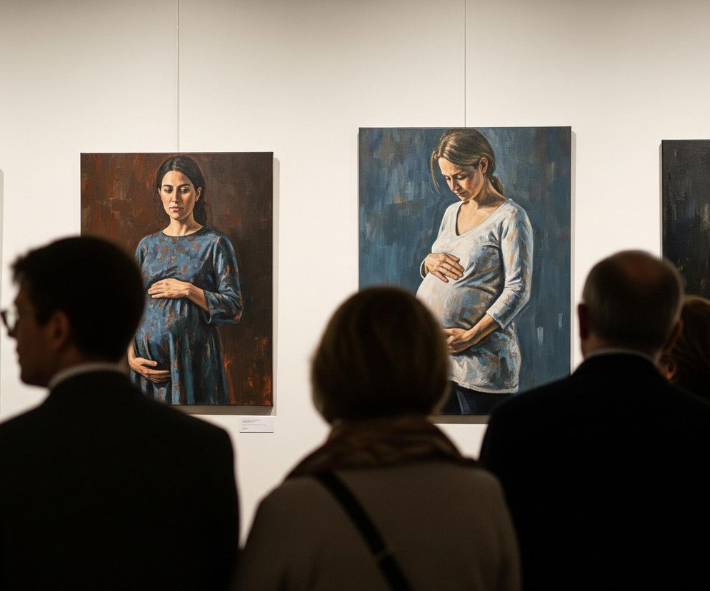 Cztery obrazy przedstawiające ciężarne kobiety wiszą na białej ścianie w galerii. Każdy obraz pokazuje kobietę z rękami splecionymi na brzuchu, ubraną w sukienki lub bluzki w odcieniach niebieskiego i szarości. Tło obrazów jest zróżnicowane: od jasnego beżu, przez brąz i błękit, aż po niemal czarną barwę. Kilka osób ogląda obrazy, ich sylwetki widoczne są od tyłu lub z profilu w dolnej części kadru, zamazane i zacienione.