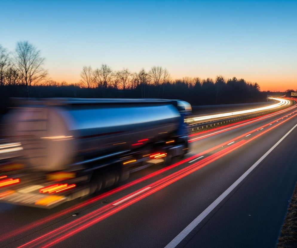 Szybko poruszająca się cysterna ciężarowa w kolorze niebieskim dominuje na pierwszym planie, jej ruch rozmyty, co tworzy długie, jaskrawe smugi czerwonych świateł pozycyjnych na drodze. Autostrada, z białymi liniami oddzielającymi pasy, rozciąga się w głąb obrazu, gdzie po lewej stronie widoczne są również smugi białych świateł jadących pojazdów. Horyzont ukazuje zachodzące słońce, malując niebo od pomarańczowego i żółtego u dołu po błękitne na górze, z ciemnymi sylwetkami drzew wzdłuż pobocza. Po prawej stronie drogi, na trawiastej skarpie, stoi zaparkowany biały samochód osobowy, a dalej widoczny jest znak drogowy z napisem E28.
