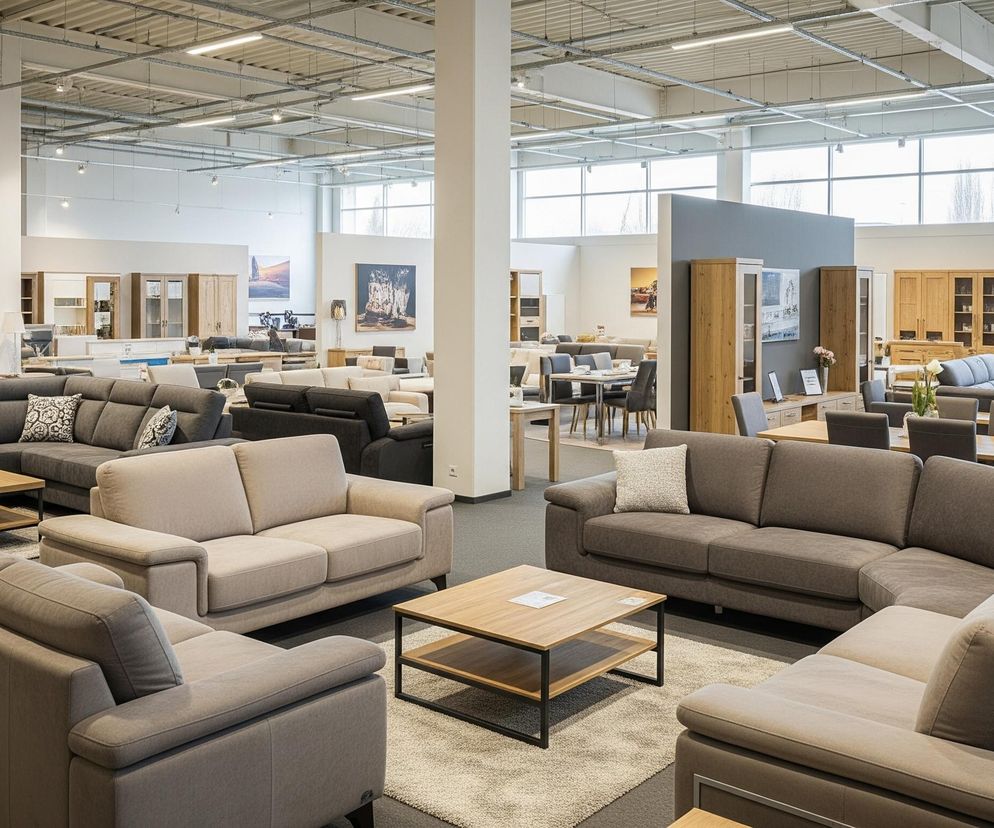 Duże pomieszczenie ekspozycyjne jest wypełnione różnorodnymi meblami, głównie sofami, fotelami, stołami i szafami, tworząc kilka oddzielnych aranżacji. Przedstawione sofy mają różne kolory tapicerki, takie jak szary, beżowy i brązowy, oraz różne konfiguracje, w tym narożne i dwuosobowe. Na podłodze leży szara wykładzina, a w niektórych miejscach znajdują się jasne dywany pod stolikami kawowymi. Sufit jest wysoki, z widocznymi rurami i systemem oświetleniowym, a w tle widać duże okna.