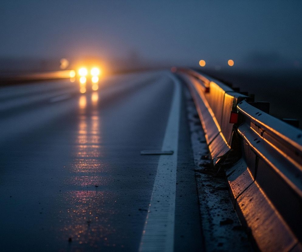 Mokry asfalt autostrady z wyraźnymi białymi liniami rozgraniczającymi pasy ruchu dominuje na pierwszym planie, odbijając jaskrawe, rozmyte światła nadjeżdżającego pojazdu. Po prawej stronie drogi widoczna jest metalowa barierka ochronna, również częściowo oświetlona pomarańczowym blaskiem. Horyzont ginie w ciemnoniebieskiej mgle, a w oddali widać słabo zarysowane, okrągłe światła, prawdopodobnie inne lampy lub światła pojazdów. Cała scena utrzymana jest w ciemnej, nastrojowej tonacji z dominacją barw granatowych, szarych i pomarańczowych.