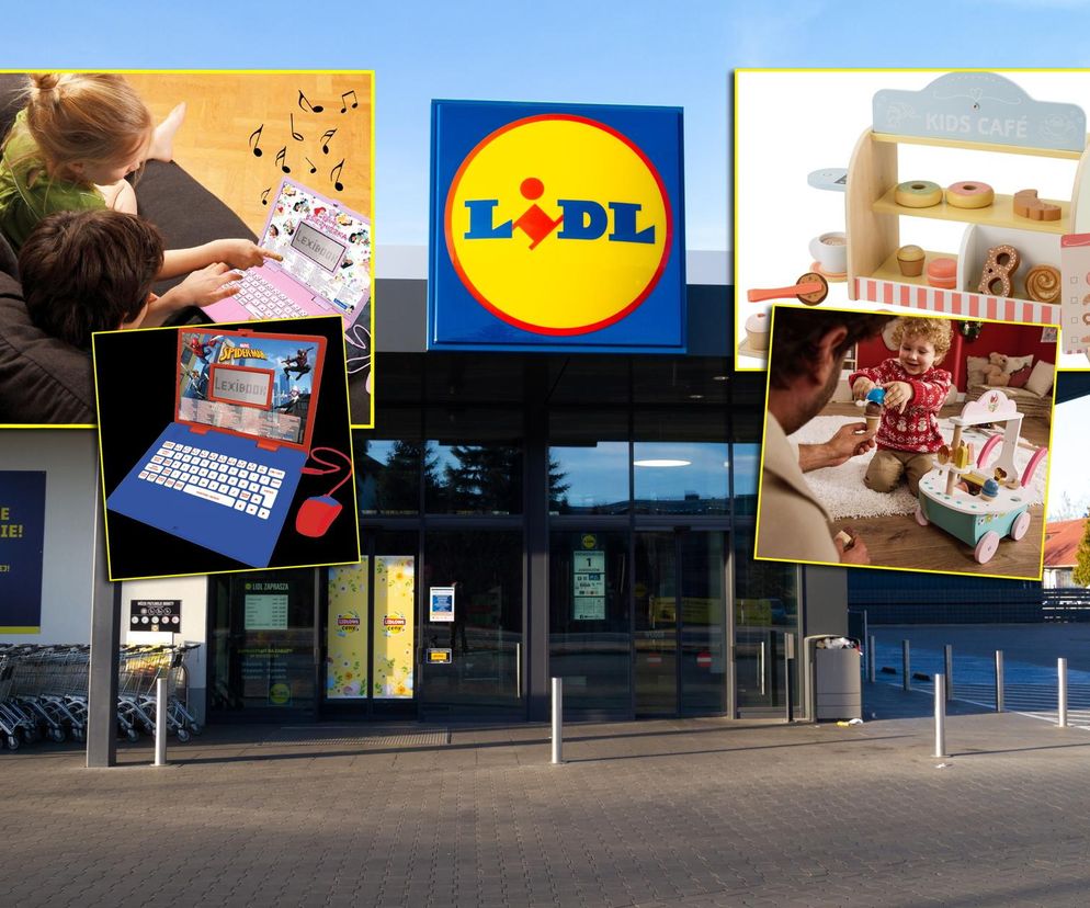 Wejście do sklepu Lidl z widocznym logo, otoczone ramkami z promocyjnymi zabawkami dla dzieci, takimi jak drewniana kuchnia Kids Cafe, edukacyjne laptopy Lexibook z Księżniczkami Disneya i Spidermanem oraz wózek na lody Lupilu, o czym więcej przeczytasz na portalu Super Biznes.