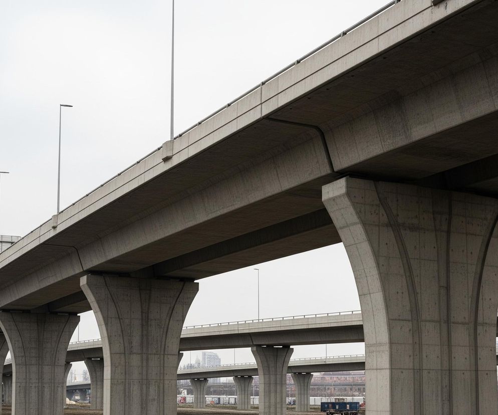 Na pierwszym planie dominują monumentalne betonowe wiadukty autostradowe, rozciągające się po przekątnej z lewej dolnej do prawej górnej części kadru. Konstrukcje wspierają potężne, rozszerzające się ku górze filary z surowego betonu, tworząc złożoną sieć estakad. W tle widoczne są kolejne poziomy wiaduktów i budynki miejskie, wszystko to pod szarym, zachmurzonym niebem.