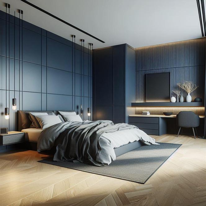 Granatowe ściany w minimalistycznej sypialni