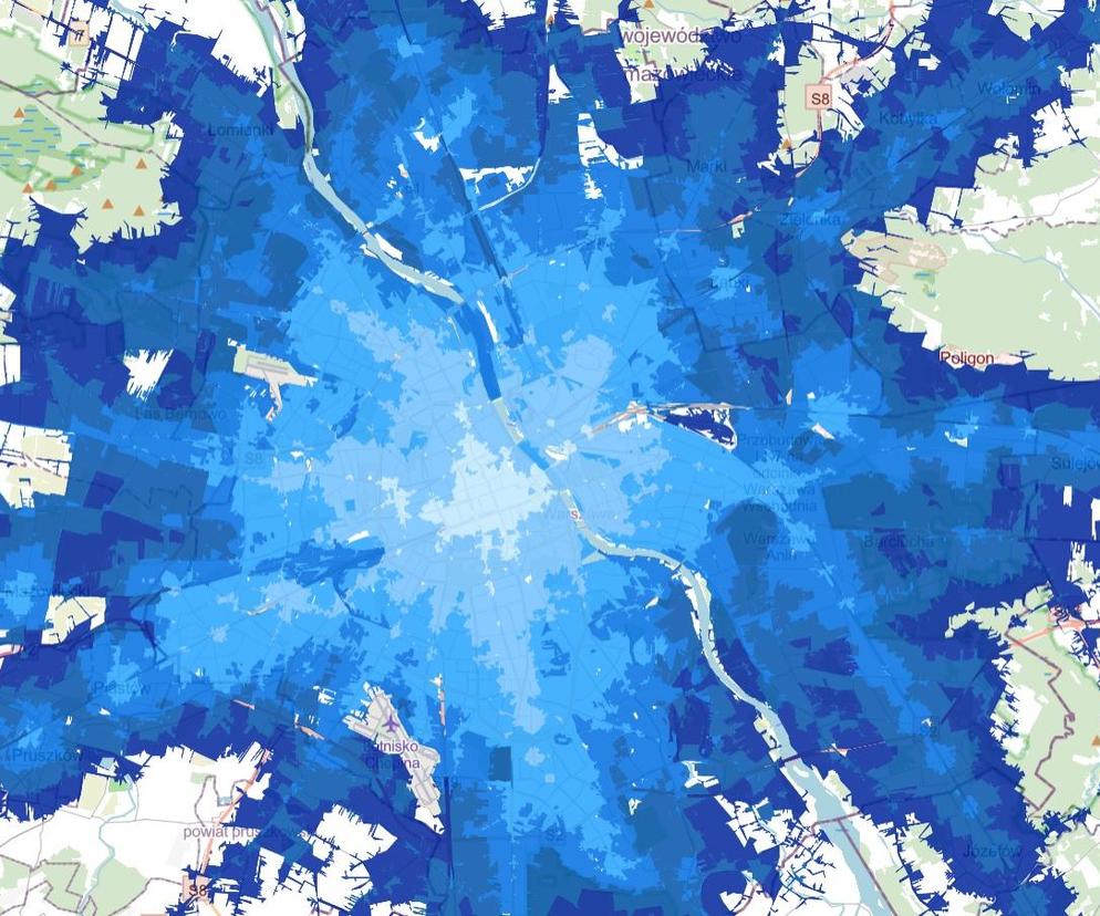 Mapa czasu dojazdu komunikacją miejską do centrum Warszawy