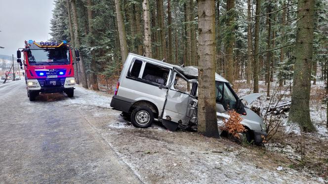 Potworny wypadek pod Krynicą-Zdrój! Nie żyje 32-latek ze Słowacji. Bus z 4 osobami rozbił się o drzewo [ZDJĘCIA]