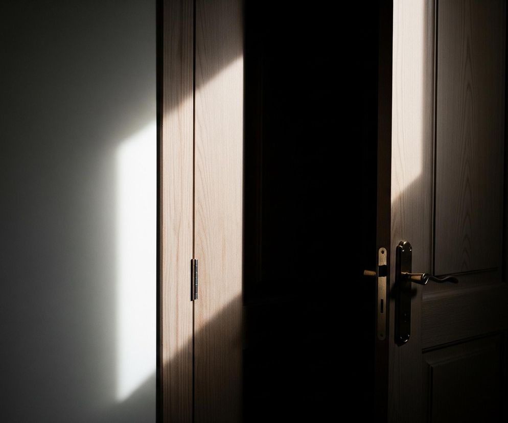 W centrum zdjęcia znajdują się lekko uchylone drewniane drzwi o jasnobrązowym odcieniu z widocznym usłojeniem. Część futryny i krawędź drzwi po lewej stronie oświetlone są silnym, pionowym pasem światła, które rzuca również ukośny cień na prawą część drzwi. Pomiędzy uchylonymi drzwiami widoczna jest ciemna przestrzeń, a na prawych drzwiach, w dolnej części uchwytu, znajduje się złota klamka. Lewa ściana jest jasna i oświetlona, natomiast reszta obrazu pozostaje w głębokim cieniu.