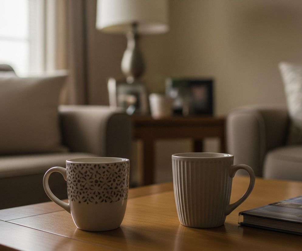 Na drewnianym stoliku kawowym stoją dwie ceramiczne filiżanki i książka. Lewa filiżanka jest beżowa z brązowym wzorem na górnej części, natomiast prawa jest gładka, biała, z pionowymi żłobieniami. Książka leży obok prawej filiżanki, ma ciemną okładkę z niebieskimi i białymi elementami. W tle widoczny jest salon z jasnymi kanapami i poduszkami, a za nimi, po lewej stronie, okno wpuszcza rozproszone światło. Po prawej stronie widać fragment stolika z lampą i ramką na zdjęcia.