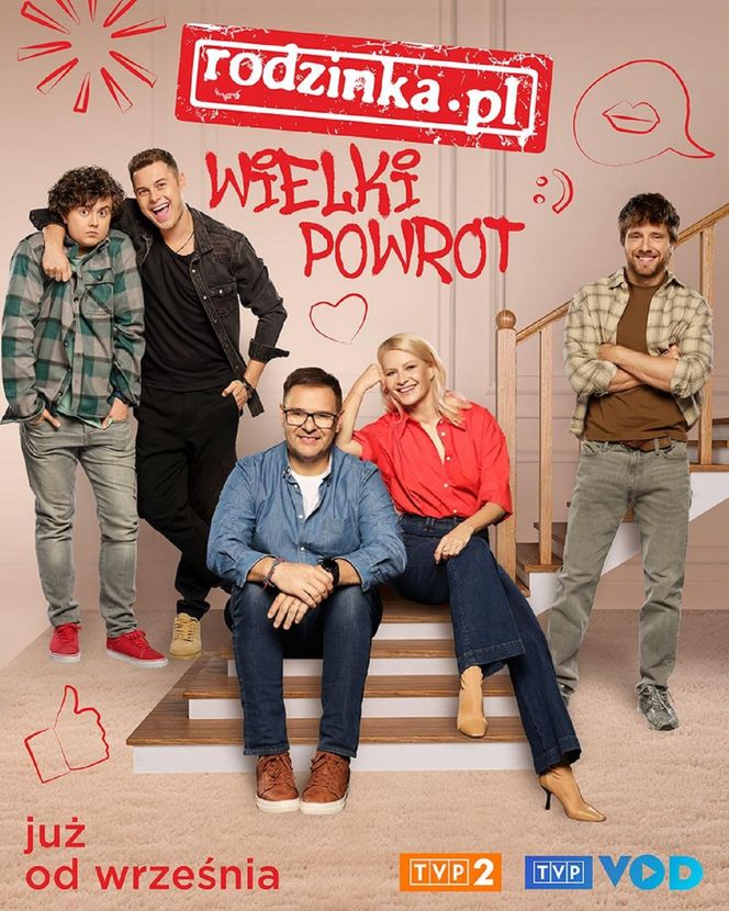 Rodzinka.pl nowy 17 sezon. Natalia (Małgorzata Kożuchowska), Kacperek (Mateusz Pawłowski), Ludwik (Tomasz Karolak), Tomek (Maciej Musiał), Kuba (Adam Zdrójkowski)