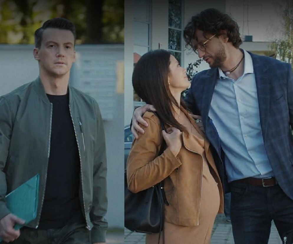 Jakub (Krzysztof Kwiatkowski) z miną pełną rozczarowania, trzymający zieloną teczkę, obok niego Kasia (Paulina Lasota) z widocznym ciążowym brzuszkiem, w ramionach Mariusza (Mateusz Mosiewicz). Scena z serialu M jak miłość, o której możesz przeczytać na Super Seriale.