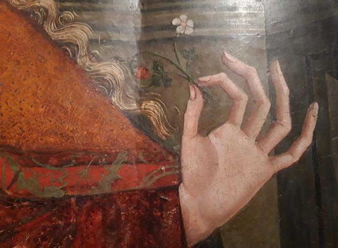 Madonna z poziomką - obraz temperowy na desce z końca XV wieku, fragment