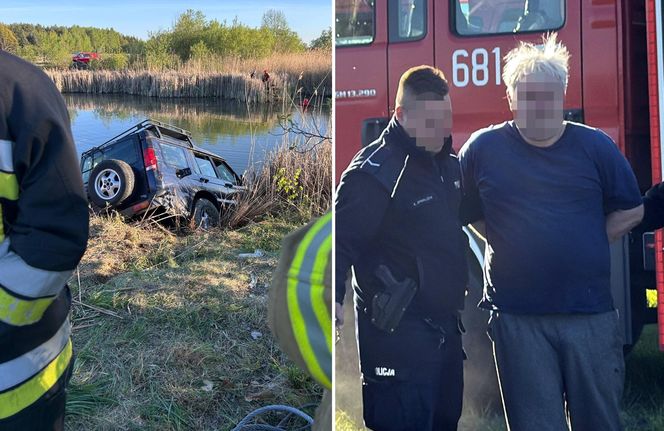 Nietrzeźwy utopił terenówkę w stawie. Potem zaczął pływać i śpiewać