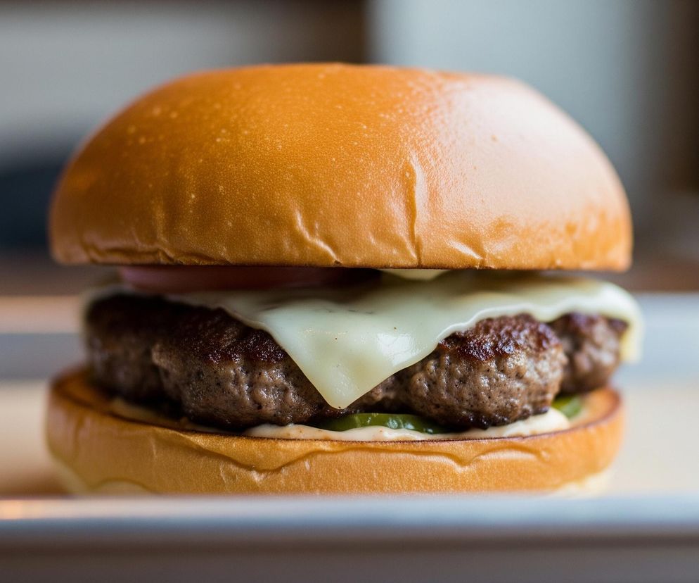 Duży hamburger na metalowej tacy. Wierzch bułki jest złocisty, gładki i lekko błyszczący. Pod spodem widać plasterek czerwonego pomidora, a następnie gruby, brązowy kotlet mięsny, pokryty roztopionym, jasnożółtym serem. Na dolnej części bułki, pod kotletem, znajduje się biały sos i zielone kawałki ogórków kiszonych. Całość jest równo ułożona i oświetlona z przodu, co podkreśla teksturę składników.