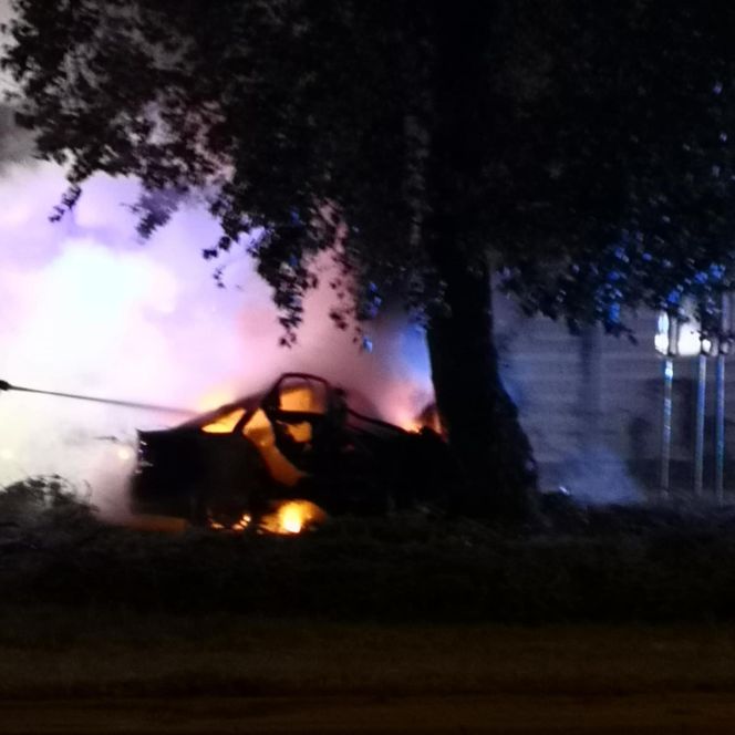 Potworny wypadek w Płocku. Wypadli z drogi, uderzyli w drzewo. Dwoje ludzi spłonęło w samochodzie	