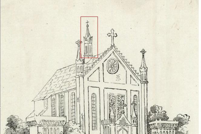 Kościół z sygnaturką i rozetą w szczycie, rys. ok. 1910