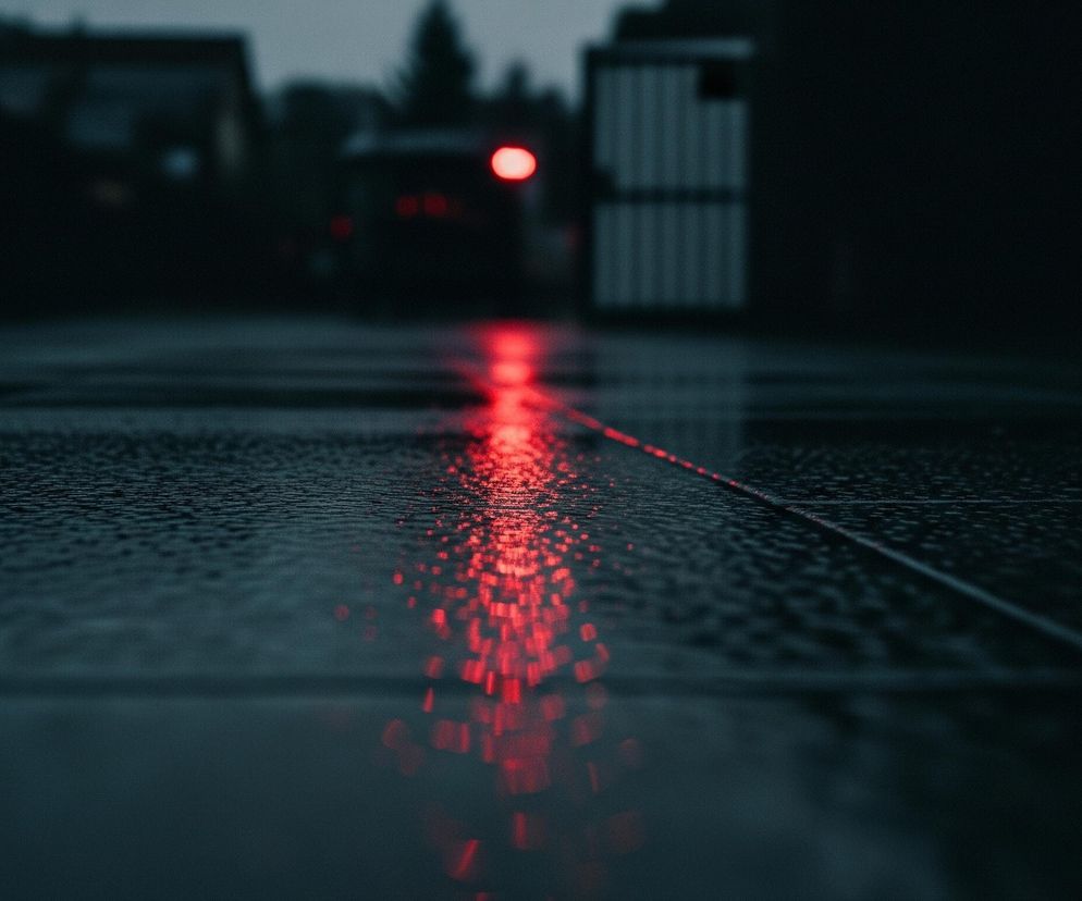 Ciemna, rozmyta fotografia przedstawia mokrą nawierzchnię z kałużami w pierwszym planie, odbijającą intensywnie czerwone światło. Na dalszym planie, poza ostrością, widać zarys pojazdu z zapalonym, pojedynczym, jaskrawym, czerwonym światłem. Elementy tła są niewyraźne, zdominowane przez ciemne odcienie szarości i granatu, sugerując nocne lub bardzo pochmurne warunki. Powierzchnia ziemi jest podzielona na prostokątne segmenty widocznymi fugami.