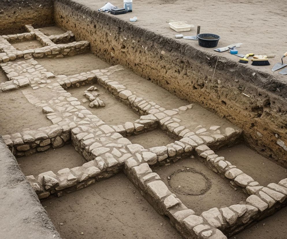 Wykop archeologiczny w ziemi, ujawniający podziemne struktury. Dno wykopu układa się w kompleksowy labirynt niskich murków zbudowanych z nieregularnych kamieni o jasnoszarym odcieniu, otoczonych brązową ziemią. W tle, na płaskiej powierzchni gruntu wokół wykopu, leżą różne narzędzia archeologiczne, takie jak kielnie, pędzle i pojemniki. Ściany wykopu ukazują warstwową strukturę ziemi, z ciemniejszą warstwą na górze i jaśniejszą, bardziej piaszczystą na dole.