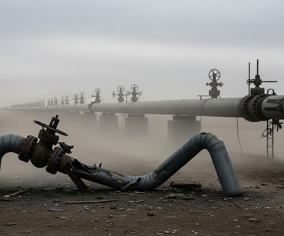 Na pierwszym planie, centralnie, leży zniszczona rura o szarym kolorze, wygięta w kształt litery S lub M, z jednym końcem wbitym w ziemię po lewej stronie i drugim po prawej. Ta rura posiada liczne uszkodzenia, w tym dziury i zgniecenia, a także skorodowany zawór z pokrętłem w jej środkowej części. W tle widoczny jest długi, prosty rurociąg wzniesiony na betonowych podporach, biegnący od prawej strony obrazu i zanikający w gęstej, szarej mgle. Rurociąg jest wyposażony w liczne zawory z pokrętłami, równomiernie rozmieszczone wzdłuż jego długości. Cała scena utrzymana jest w stonowanych odcieniach szarości i brązu, z dominującym zamgleniem w tle, co tworzy wrażenie pustki i izolacji.