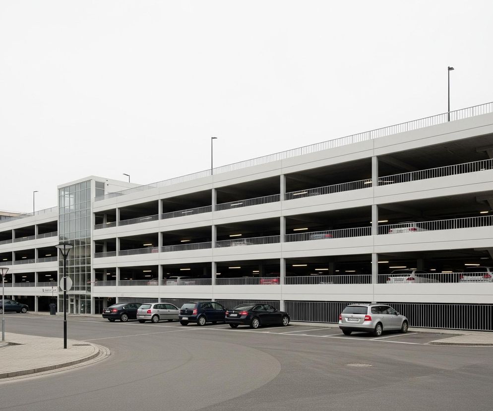Centralną część kadru zajmuje długi, wielopoziomowy parking piętrowy o białej elewacji z szarymi elementami konstrukcyjnymi i licznymi, poziomymi barierkami. Budynek posiada wiele otwartych kondygnacji, na których widać zaparkowane samochody oraz oświetlenie. Z lewej strony parkingu widoczne są inne budynki, w tym jeden o beżowej fasadzie z licznymi oknami, a z prawej strony droga i skrzyżowanie z przejściem dla pieszych. Na pierwszym planie, na dole kadru, znajduje się asfaltowa droga i chodnik, na którym stoi latarnia uliczna, a obok zaparkowanych jest kilka samochodów. Niebo jest jasne, jednolicie szare.
