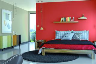 Nowoczesna sypialnia z czerwoną ścianą