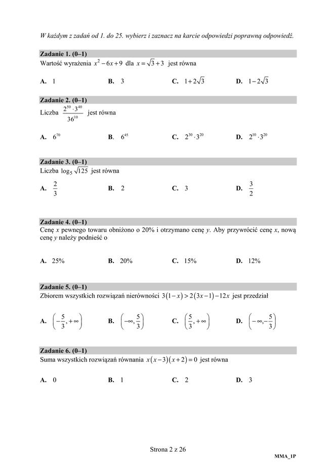 Matura 2020 ARKUSZE CKE z matematyki POZIOM PODSTAWOWY [9.06.2020]