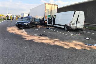 Zmiażdżony volkswagen, rozbita ciężarówka