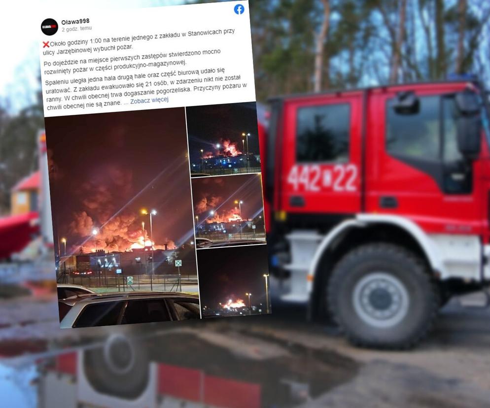 Wielki pożar w Stanowicach pod Wrocławiem. Spłonęła duża hala magazynowa