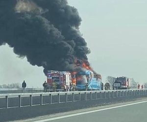 Na A2 na wysokości Broszkowa zapalił się autobus turystyczny