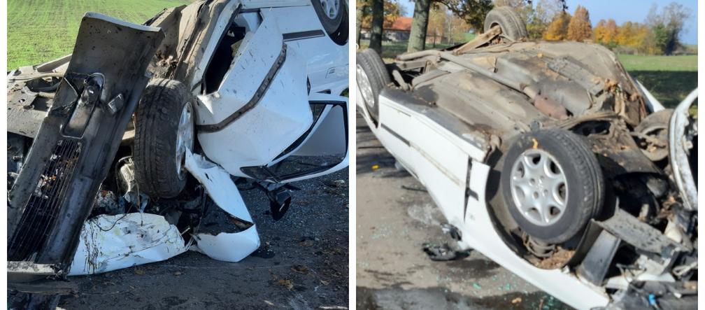 Prynowo. Wypadek osobówki. Samochód uderzył w drzewo i dachował [ZDJĘCIA]