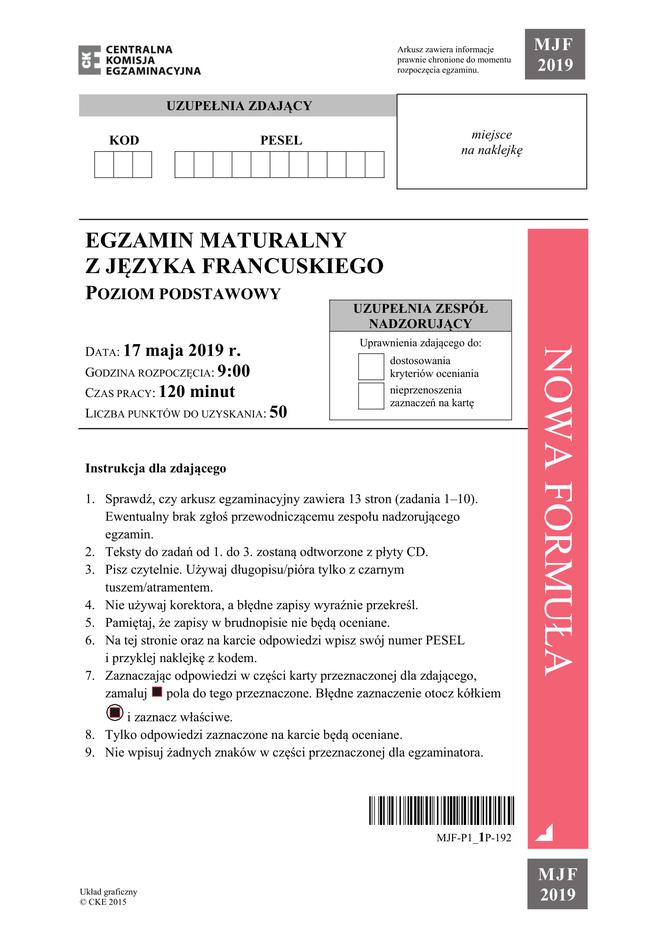 Matura 2019 język francuski podstawowy ARKUSZE