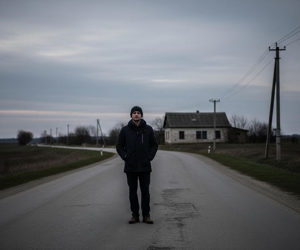 Mężczyzna w ciemnej kurtce, ciemnych spodniach i czapce stoi na środku asfaltowej drogi, patrząc prosto przed siebie. Droga zakręca w oddali, prowadząc do budynku z szarym dachem i kilkoma oknami, otoczonego nagimi drzewami. Po obu stronach drogi rozciąga się sucha trawa i pola, a po prawej stronie widać słupy energetyczne z przewodami na tle pochmurnego, szarego nieba.