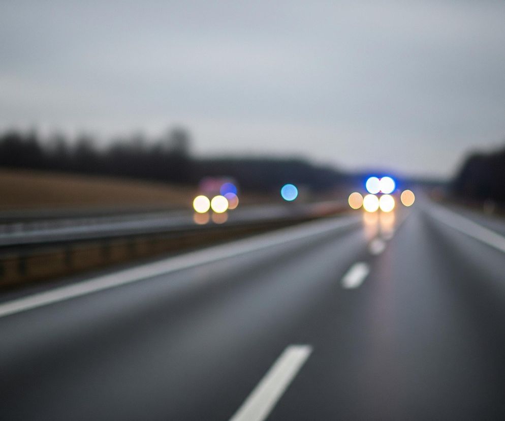 Asfaltowa droga, prawdopodobnie autostrada, rozciąga się w centrum kadru, z wyraźnymi białymi pasami wyznaczającymi jezdnię. Po lewej stronie widać metalową barierę ochronną, a za nią pas brązowej ziemi i ciemny, rozmazany las. Po prawej stronie drogi również ciemny las i sporadyczne słupki drogowe. W oddali, na obu pasach jezdni, widoczne są rozmyte światła pojazdów: białe, żółte, pomarańczowe i niebieskie, sugerujące obecność świateł awaryjnych lub uprzywilejowanych. Niebo jest pochmurne, w odcieniach szarości.