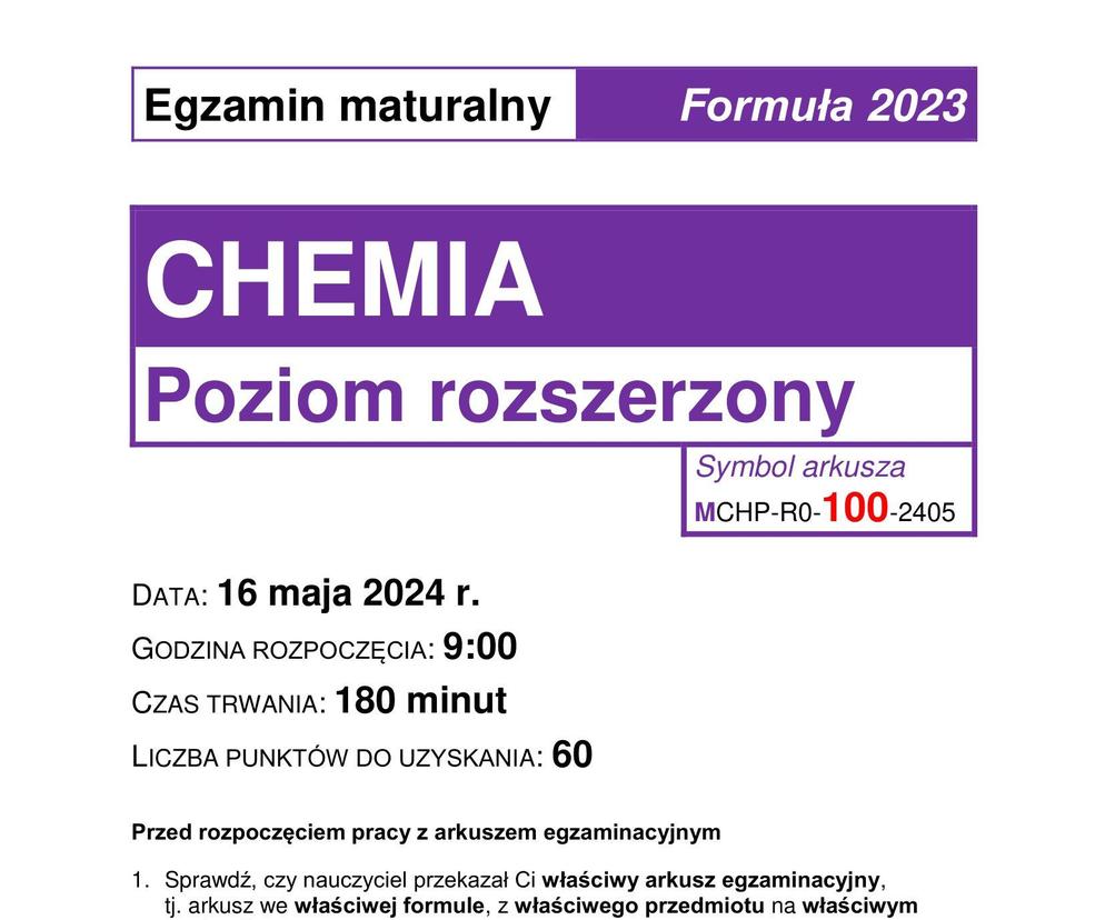 Matura chemia rozszerzona 2024 - ARKUSZE CKE, ODPOWIEDZI, ZADANIA, PDF [2023, 2015]