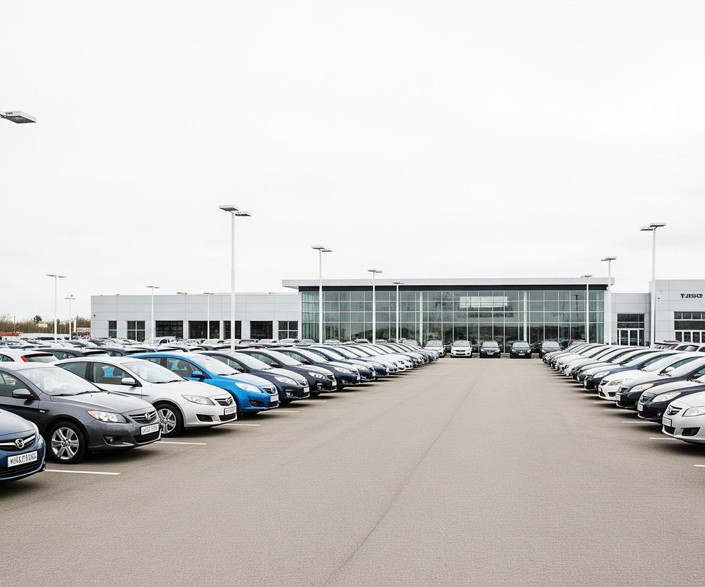 Duży parking samochodowy rozciąga się w kierunku szarego, nowoczesnego budynku z przeszkloną fasadą. Dwa rzędy zaparkowanych samochodów, ustawionych pod kątem, tworzą alejki prowadzące do budynku. Po lewej stronie dominują niebieskie, szare i srebrne pojazdy, natomiast po prawej widoczne są również czerwone i białe samochody. Nad parkingiem górują liczne białe latarnie, a tło wypełnia jasne, zachmurzone niebo.
