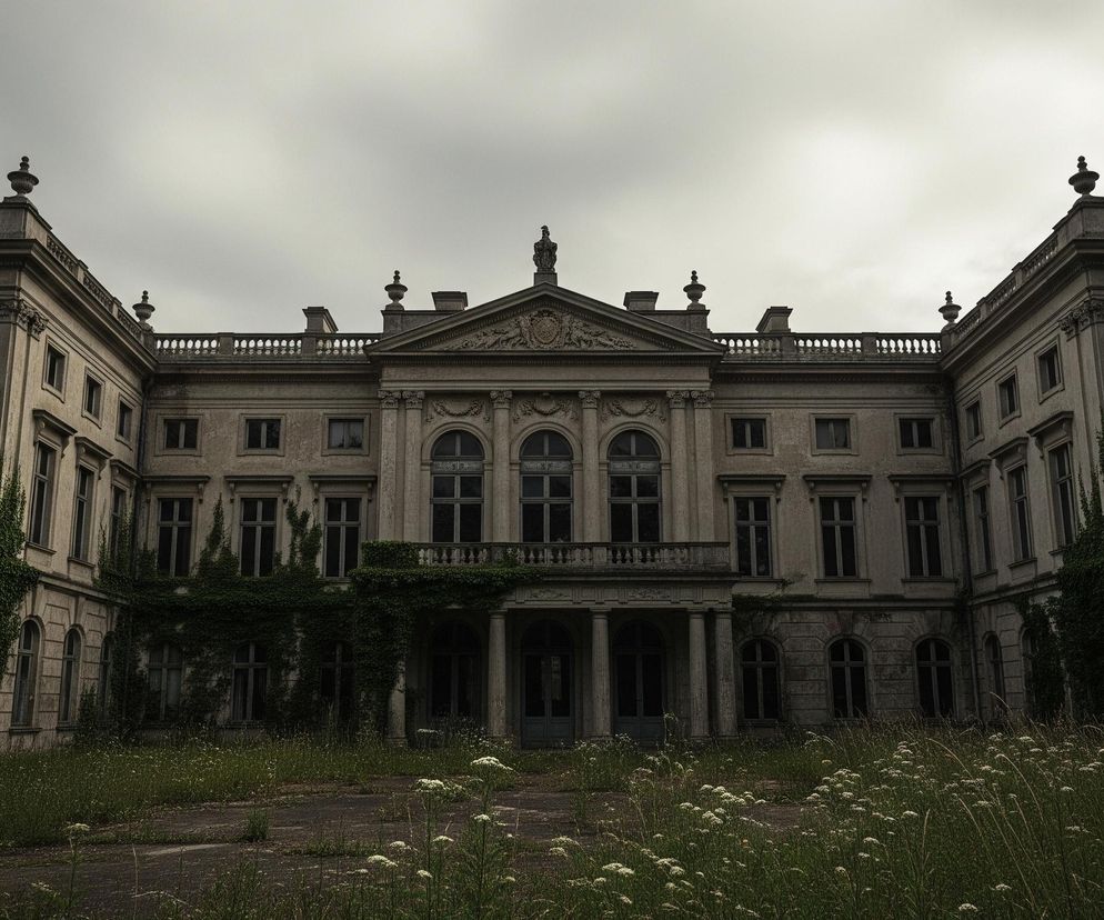 Centralnie widoczny jest duży, stary pałac z elewacją w odcieniach szarości i beżu, z licznymi oknami i ozdobnymi detalami architektonicznymi. Budynek posiada centralną część z portykiem wspartym na kolumnach, nad którym znajduje się balkon z balustradą i fronton z rzeźbionymi elementami. Fasada jest częściowo porośnięta ciemnozielonym bluszczem, a na pierwszym planie rośnie wysoka, zaniedbana trawa z pojedynczymi białymi kwiatami, zasłaniająca część podjazdu. Niebo jest pochmurne, w jasnoszarym kolorze, a po bokach pałacu widoczne są fragmenty ciemnozielonych drzew.