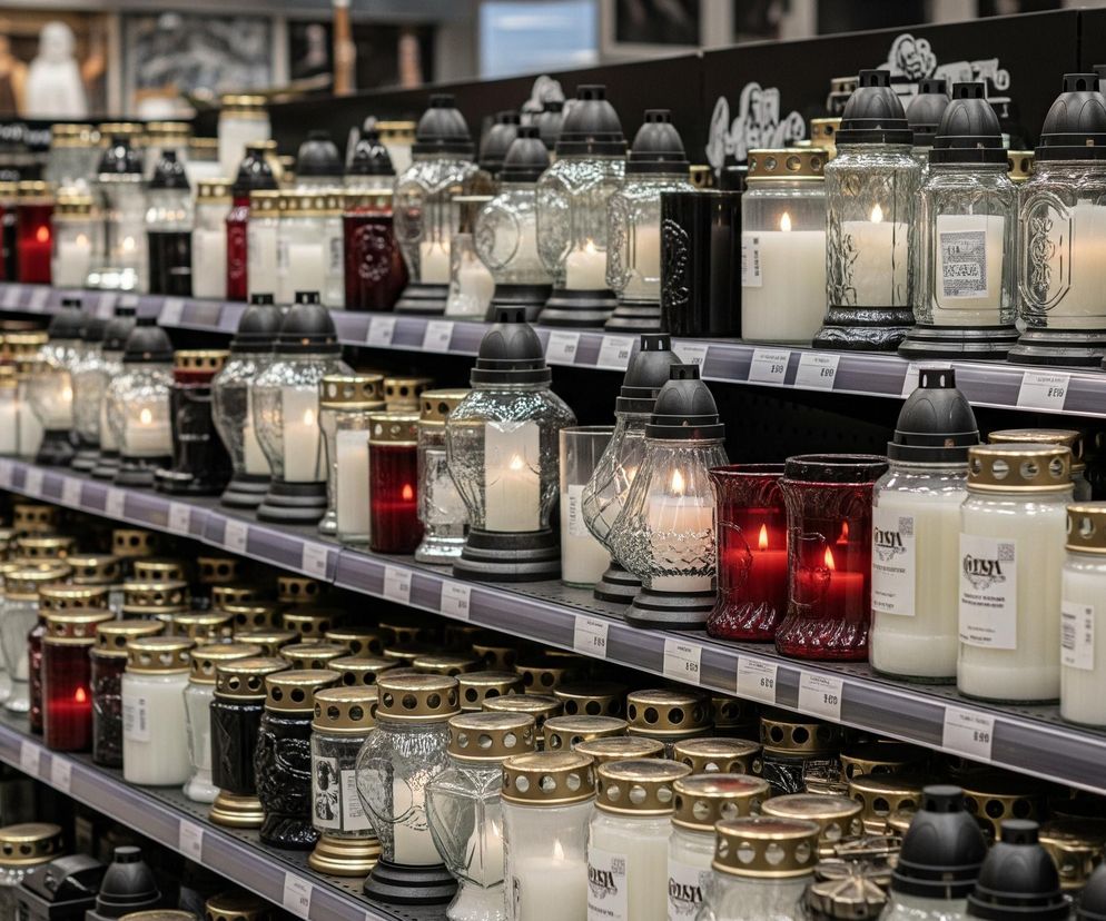 Regal supermarketowy wypełniony jest zniczami różnego kształtu i wielkości, ułożonymi w rzędach. Większość zniczy ma szklane obudowy, niektóre przezroczyste, inne barwione na czerwono, czarno lub mlecznobiało, często z ozdobnymi wzorami. Na górze wielu zniczy widoczne są czarne, plastikowe kopuły lub złote metalowe nakrywki z otworami. Wewnątrz części zniczy palą się białe wkłady, emitując ciepłe, żółte światło. Na niektórych półkach widoczne są białe etykiety z cenami.